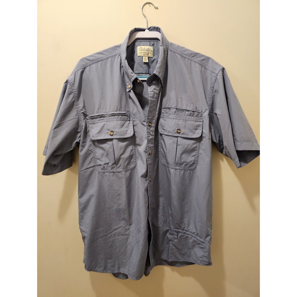 Cabelas Fishing Shirt Mens L Blue Short Sleeve Nylon Blend Utility